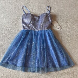 Hailey Logan Sequin Tulle Silver and Blue Mini Cocktail Dress
